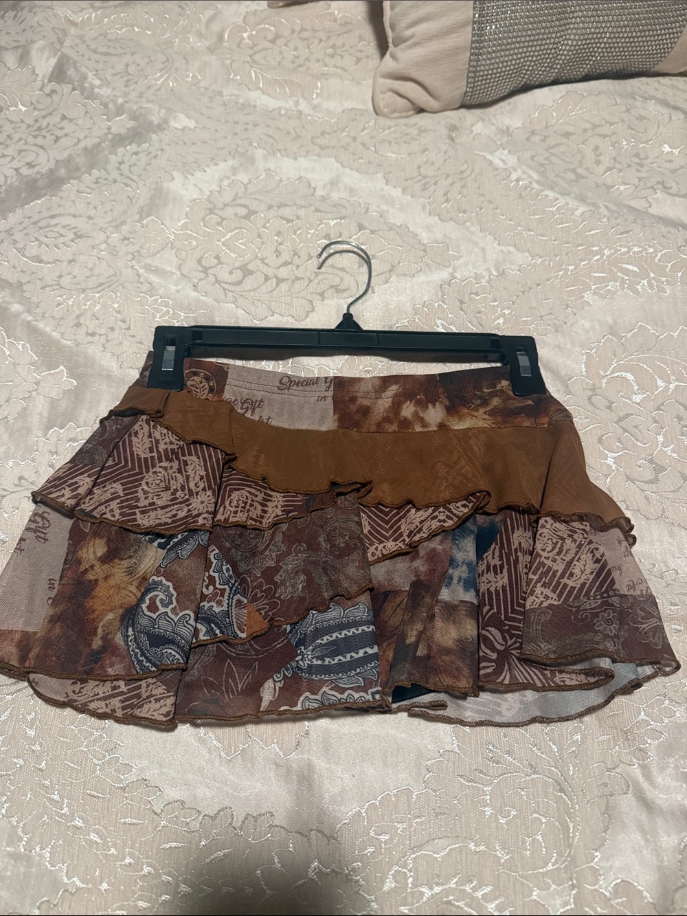 Women's Brown Tiered Patterned Mini Skirt